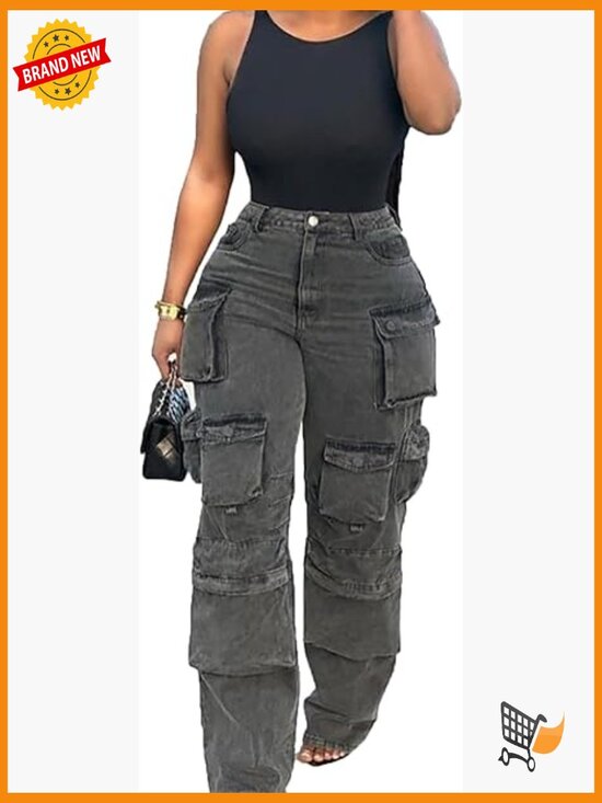 Denim - High Waisted Baggy Cargo Jeans Women Y2K Straight Wide Leg Streetwear Pants